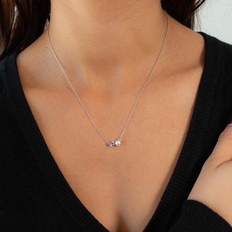 Collier argent 925 perle de Chine améthyste et topaze blanche 45cm - vue porté 1