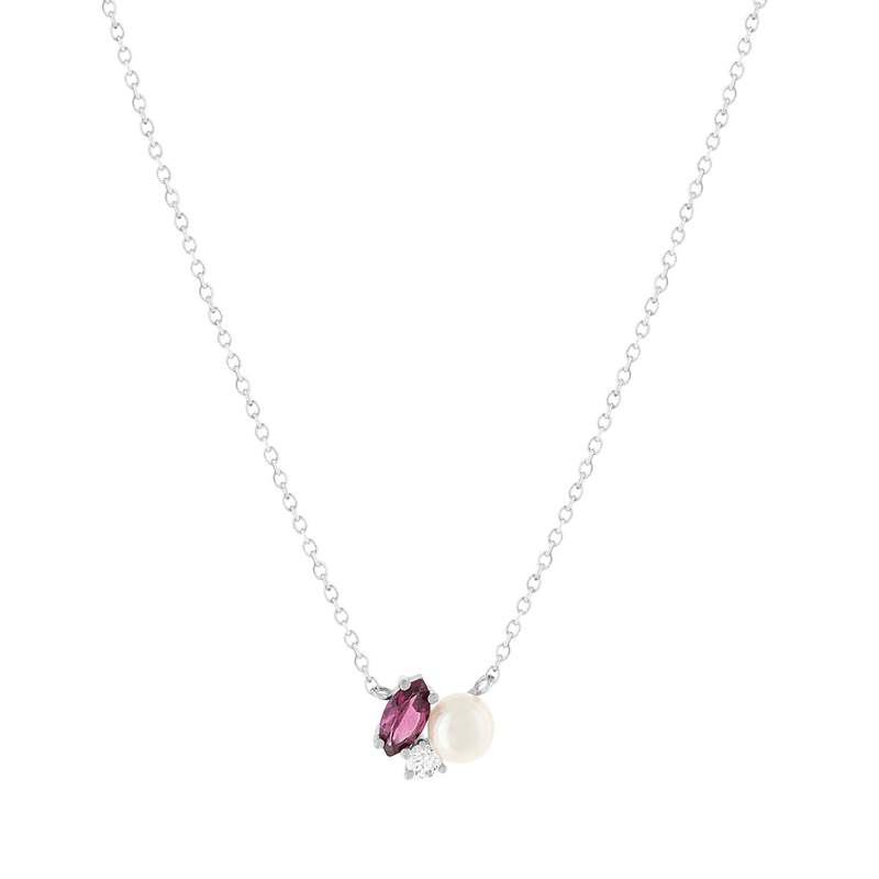 Collier argent 925 perle de Chine grenat rhodolite et topaze blanche 45cm - vue 1