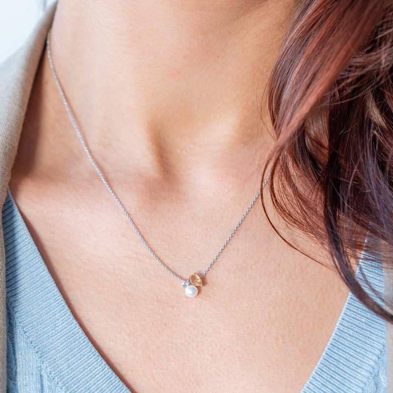 925 Sterling Silver Necklace with Chinese Pearl, Citrine, and White Topaz, 45 cm - Worn Look 1