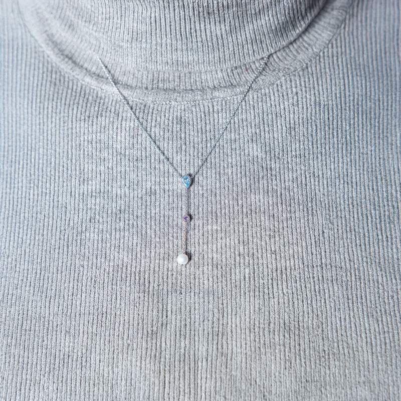 Collier argent 925 perle de Chine pierres imitation et zirconias 45cm - vue porté 1