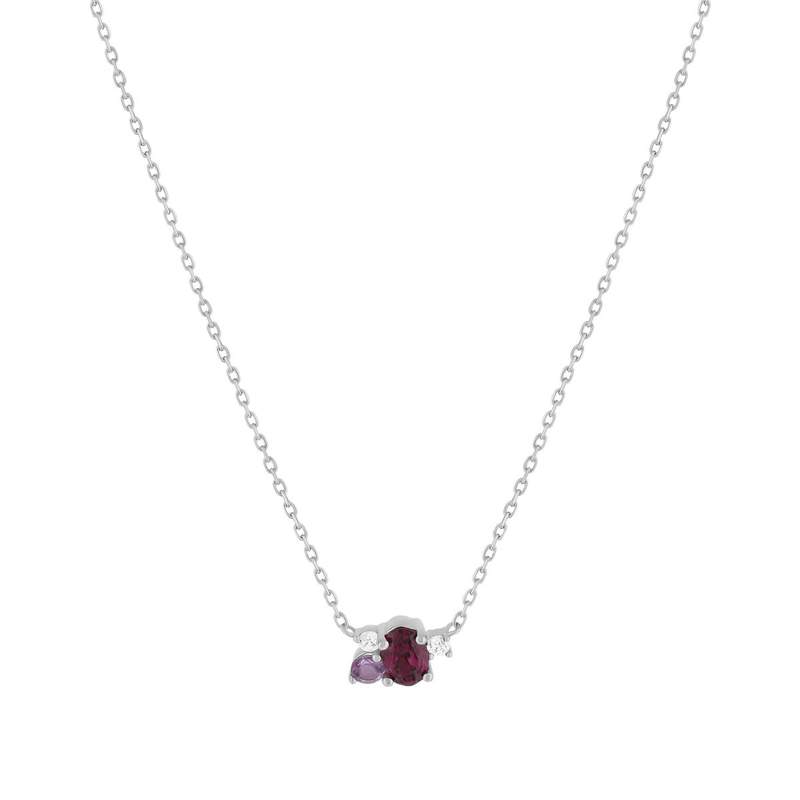 925 Silver Necklace with Rhodolite Garnet, Amethysts, and White Topazes, 45 cm - View 1