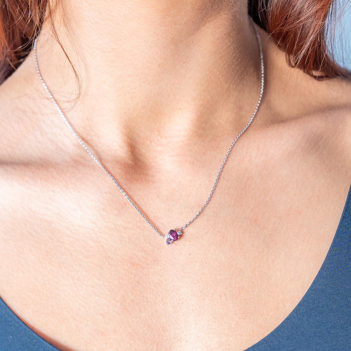 925 sterling silver necklace with rhodolite garnets, amethysts, and white topazes, treated, 45 cm - worn view 1