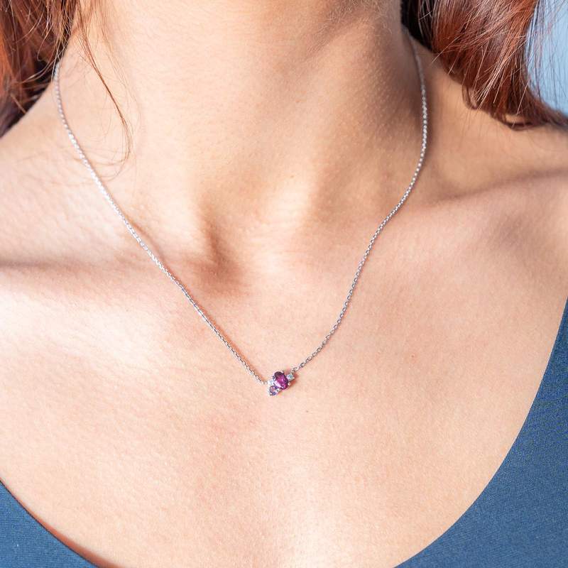 925 Silver Necklace with Rhodolite Garnet, Amethysts, and White Topazes, 45 cm - Worn Look 1