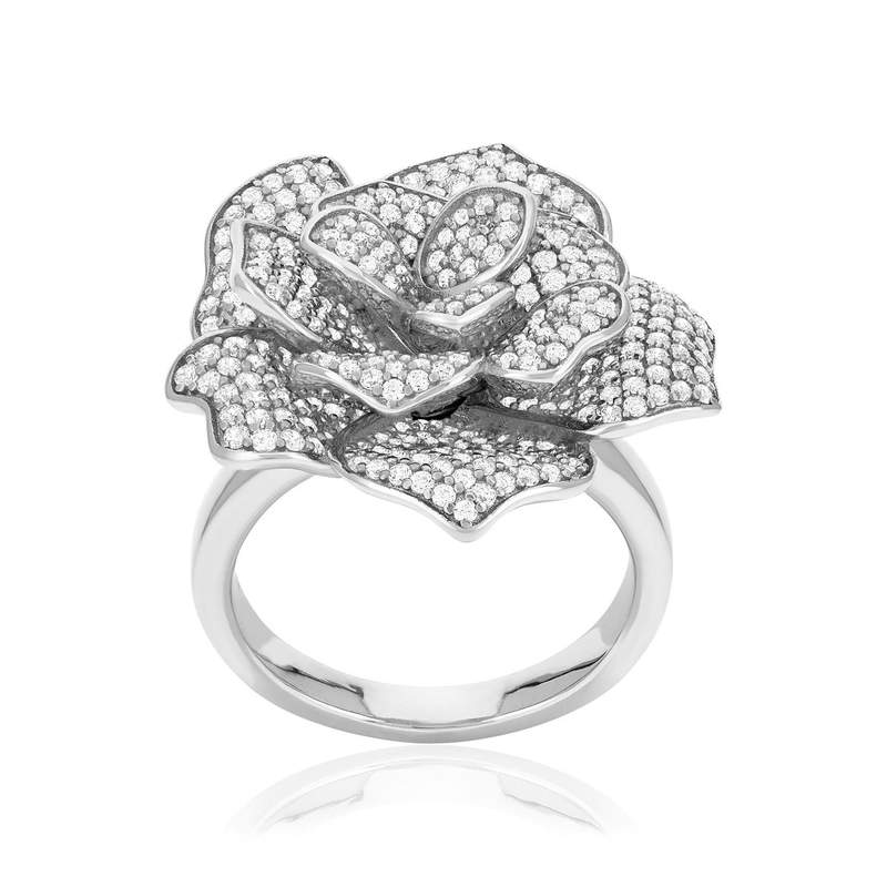 Bague argent 925 motif fleur et zirconias - vue 1