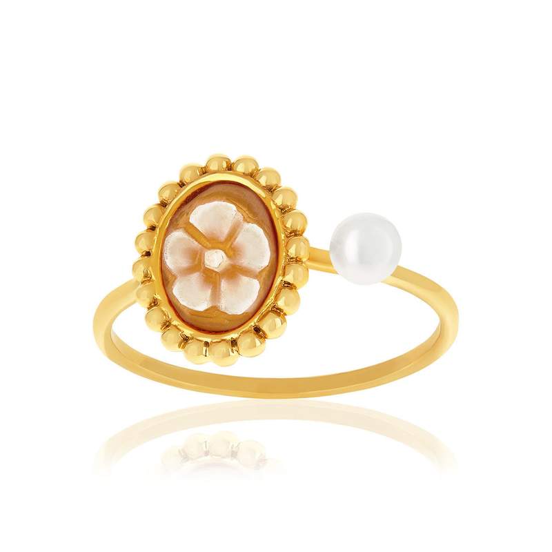 Bague or 375 jaune or camées perle de culture de Chine - vue 1