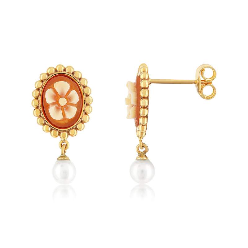 Boucles d'oreilles or 375 jaune or camées perles de culture de Chine - vue 1