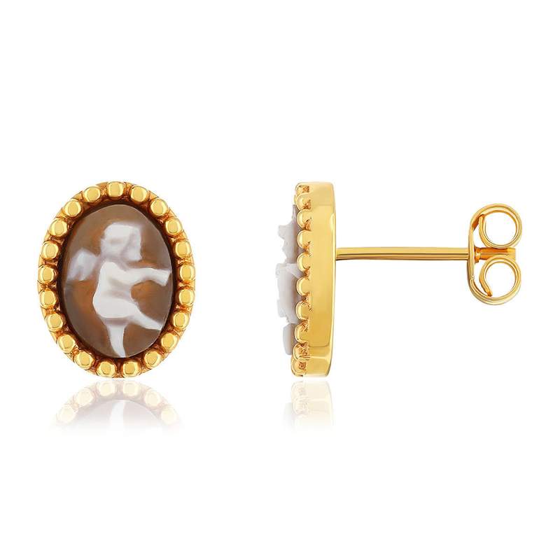 Boucles d'oreilles or 375 jaune or camées marrons - vue 1