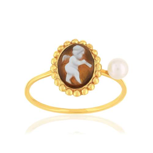 Bague or 375 jaune or camées marrons et perle de culture de Chine
