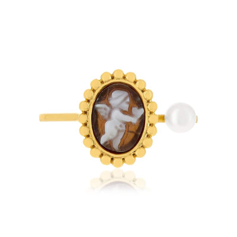 Bague or 375 jaune or camées marrons et perle de culture de Chine - vue 3