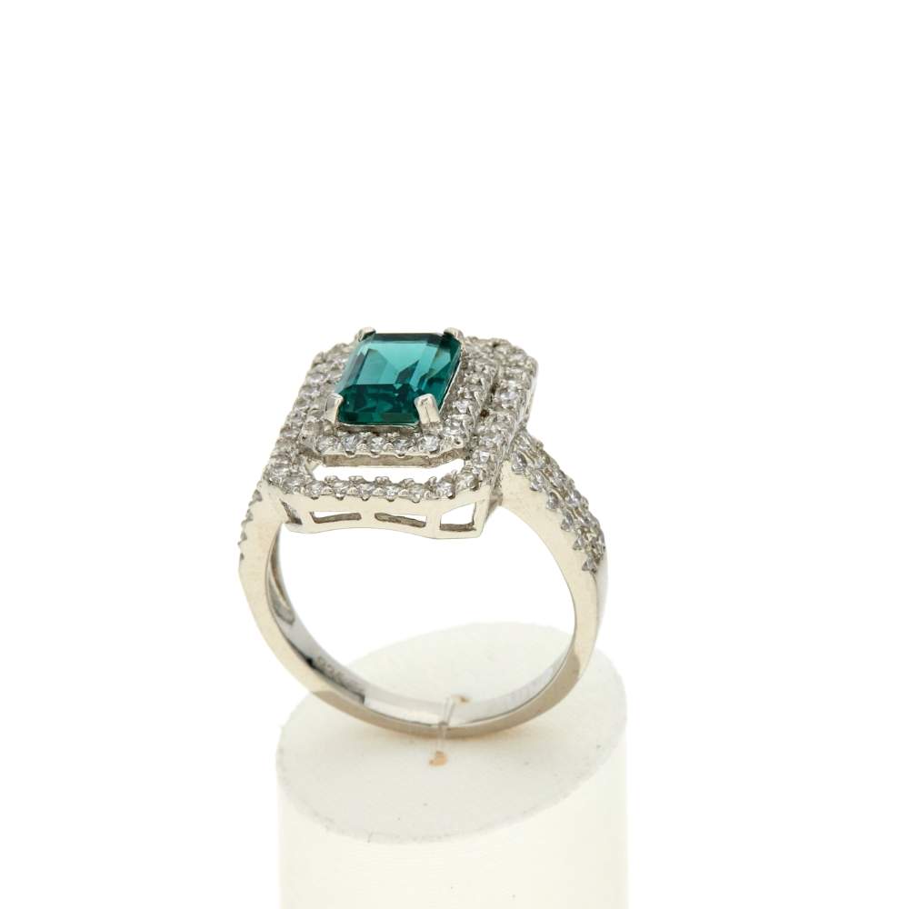 Bague argent 925 pierre imitation verte et zirconias. - vue 2