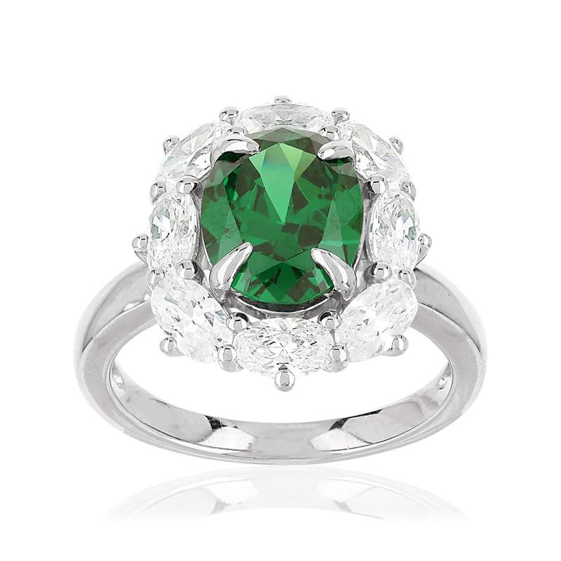 Bague argent 925 zirconia ovale vert et zirconias blancs - vue 1