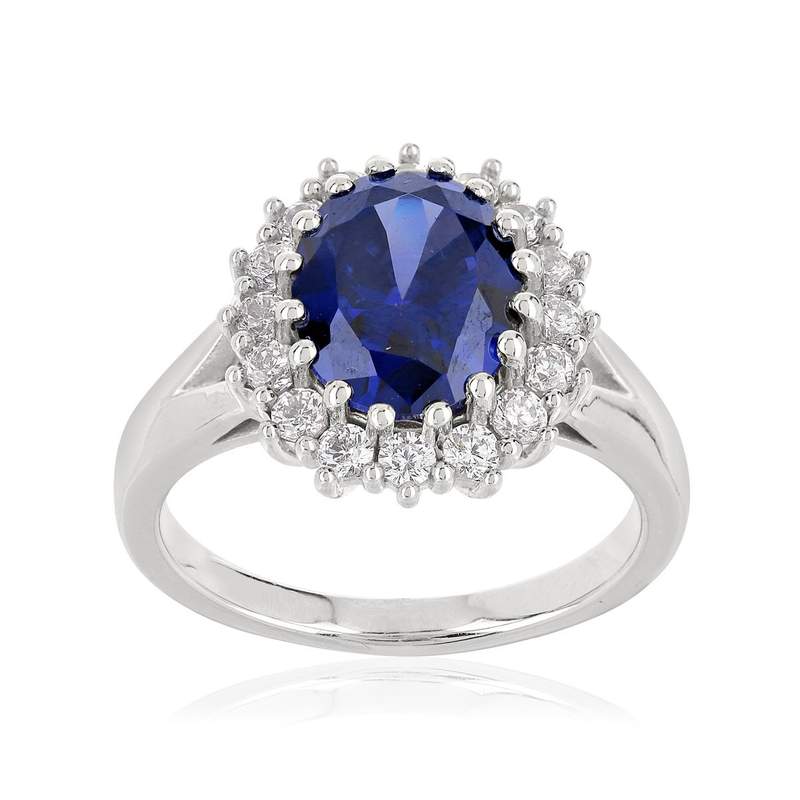Bague argent 925 zirconia ovale bleu et zirconias blancs - vue 1