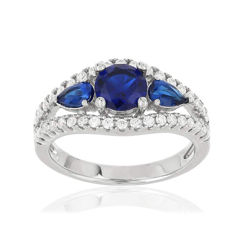 Bague argent 925 3 zirconias bleus et zirconias blancs - vue 1