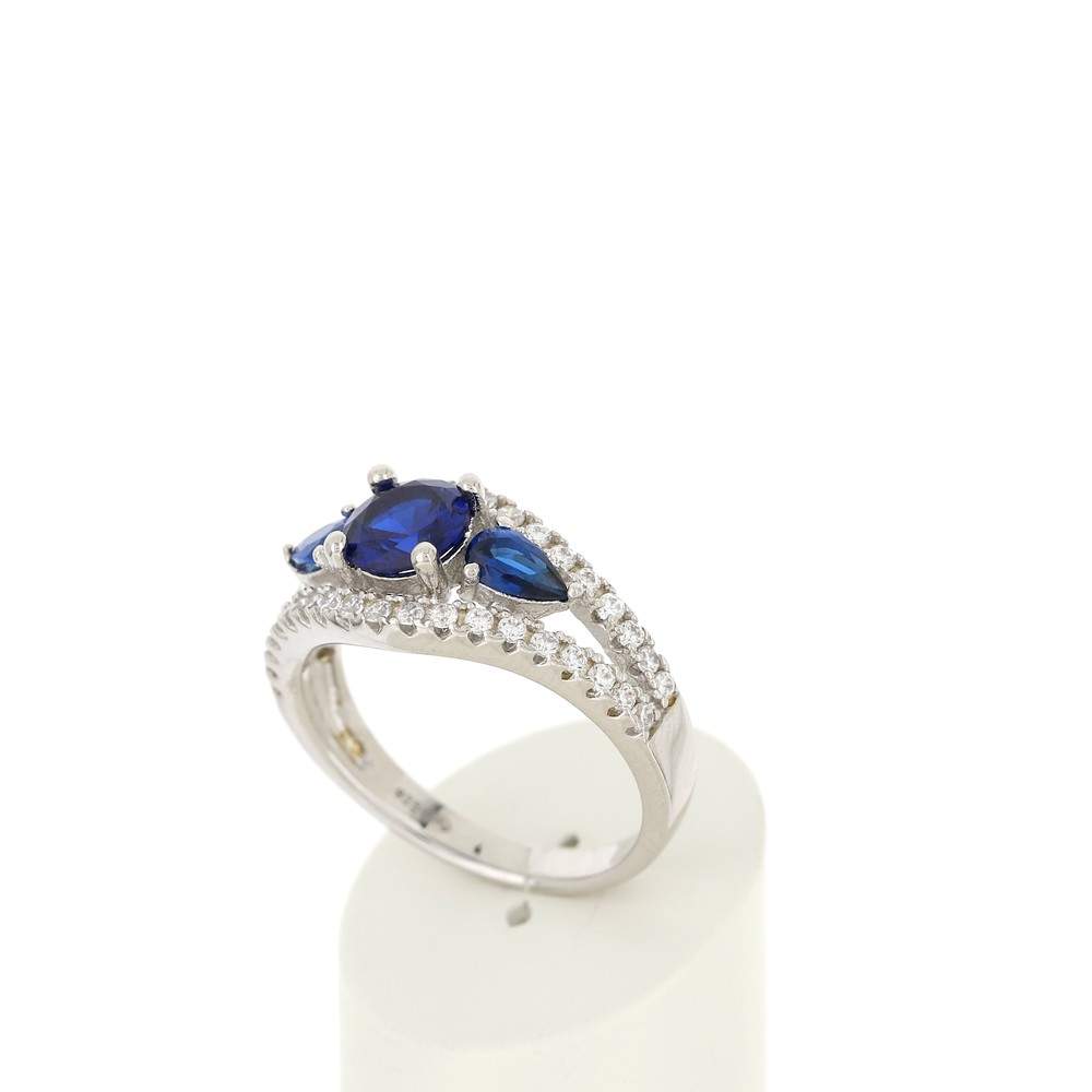 Bague argent 925 3 zirconias bleus et zirconias blancs - vue 3