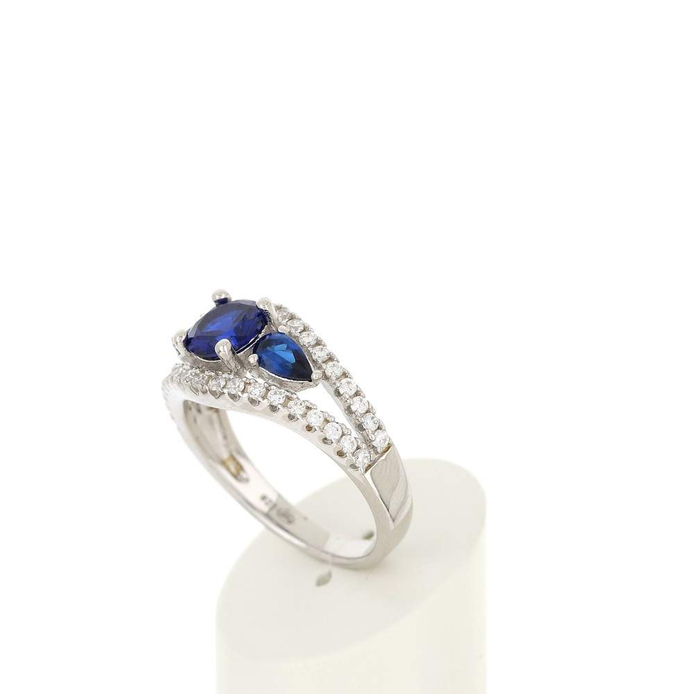 Bague argent 925 3 zirconias bleus et zirconias blancs - vue 4