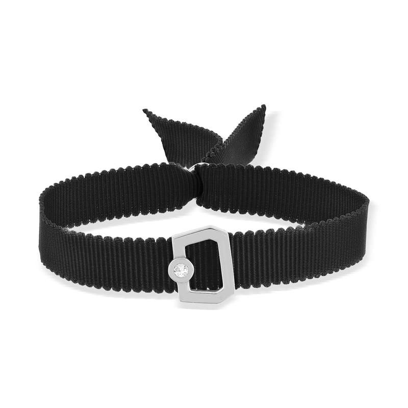 Bracelet boucle argent 925 zirconias ruban noir 21cm - vue 1