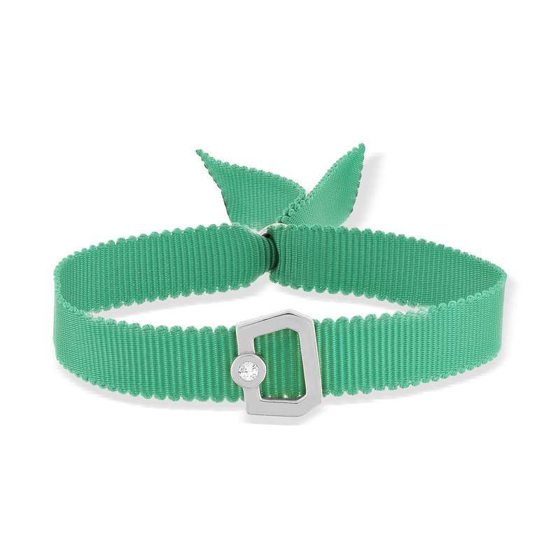 Bracelet boucle argent 925 zirconias ruban vert 21cm - vue 1