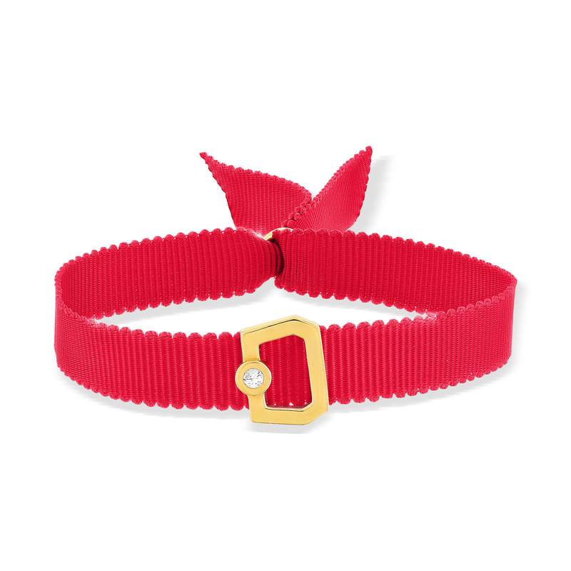 Bracelet boucle plaqué or jaune zirconias ruban rouge 21cm - vue 1