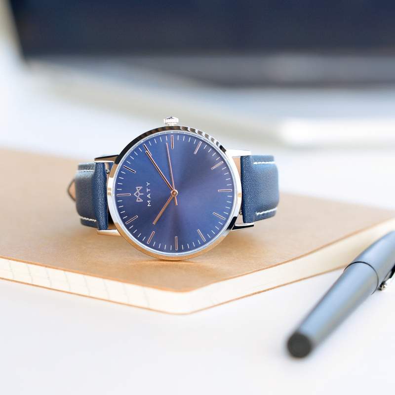 Montre MATY homme, bracelet cuir bleu - vue D1