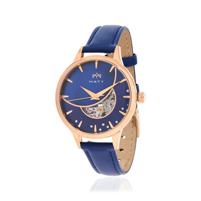 Montre MATY femme automatique, bracelet cuir bleu