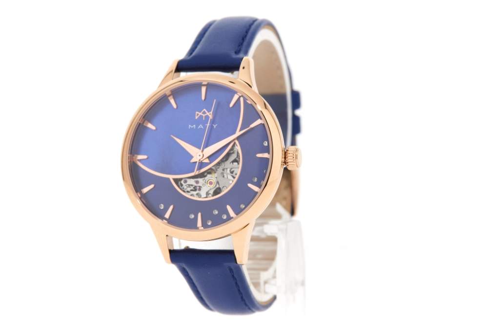 Montre MATY femme automatique, bracelet cuir bleu - vue 2