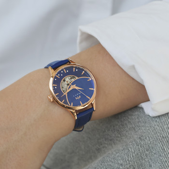 Automatisch MATY dameshorloge, blauwe leren band