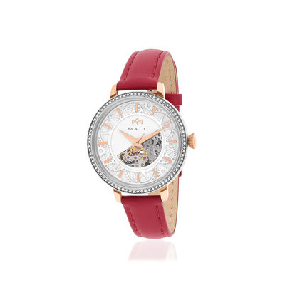 Montre MATY femme automatique, bracelet cuir rouge