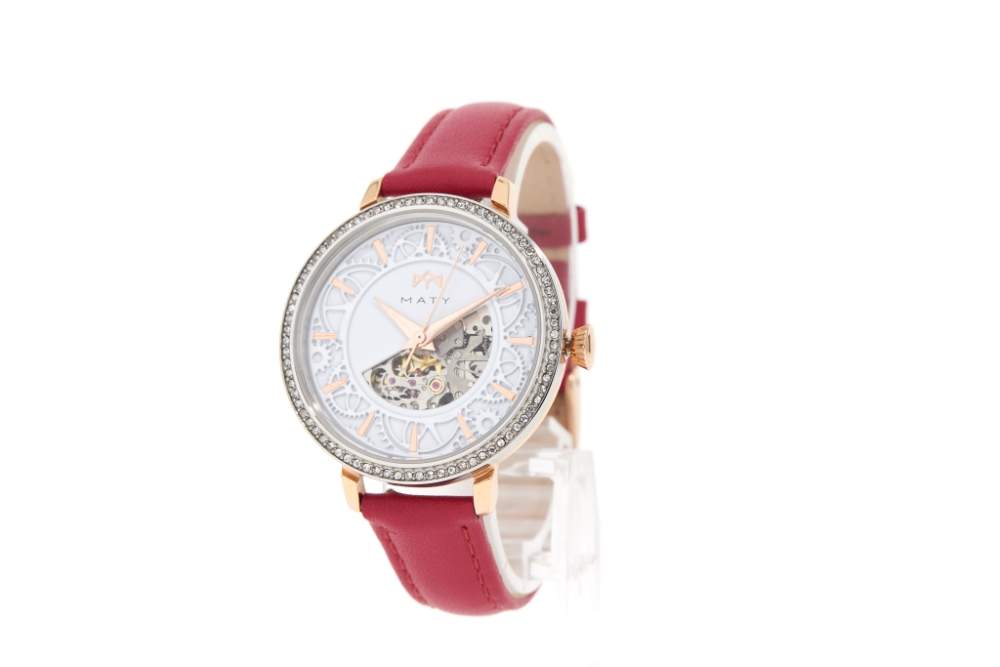 Montre MATY femme automatique, bracelet cuir rouge - vue 2
