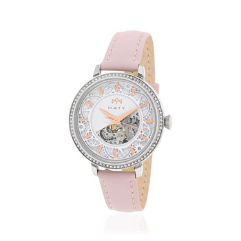 MATY automatisch dameshorloge, roze lederen band