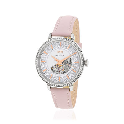 Montre MATY femme automatique, bracelet cuir rose