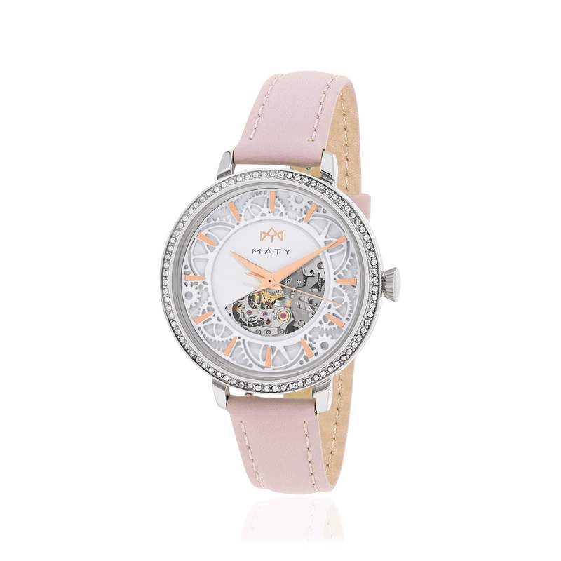 Montre MATY femme automatique, bracelet cuir rose - vue 1