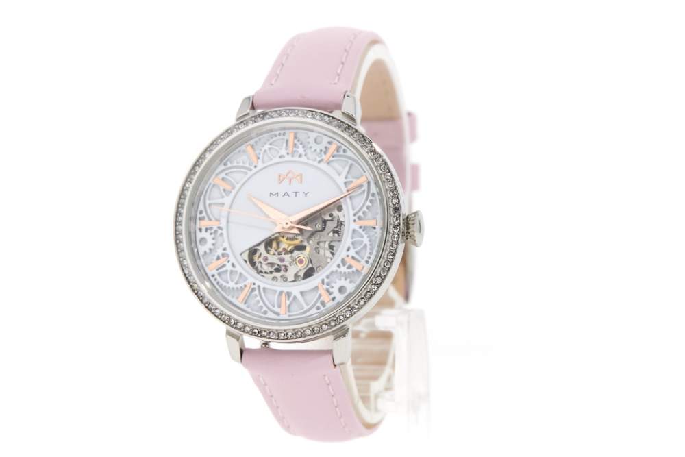 Montre MATY femme automatique, bracelet cuir rose - vue 2