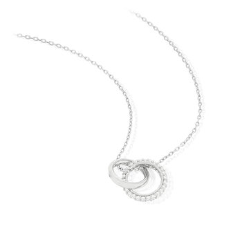 Collier argent 925 zirconias motif anneau et coeur entrelacés 45 cm
