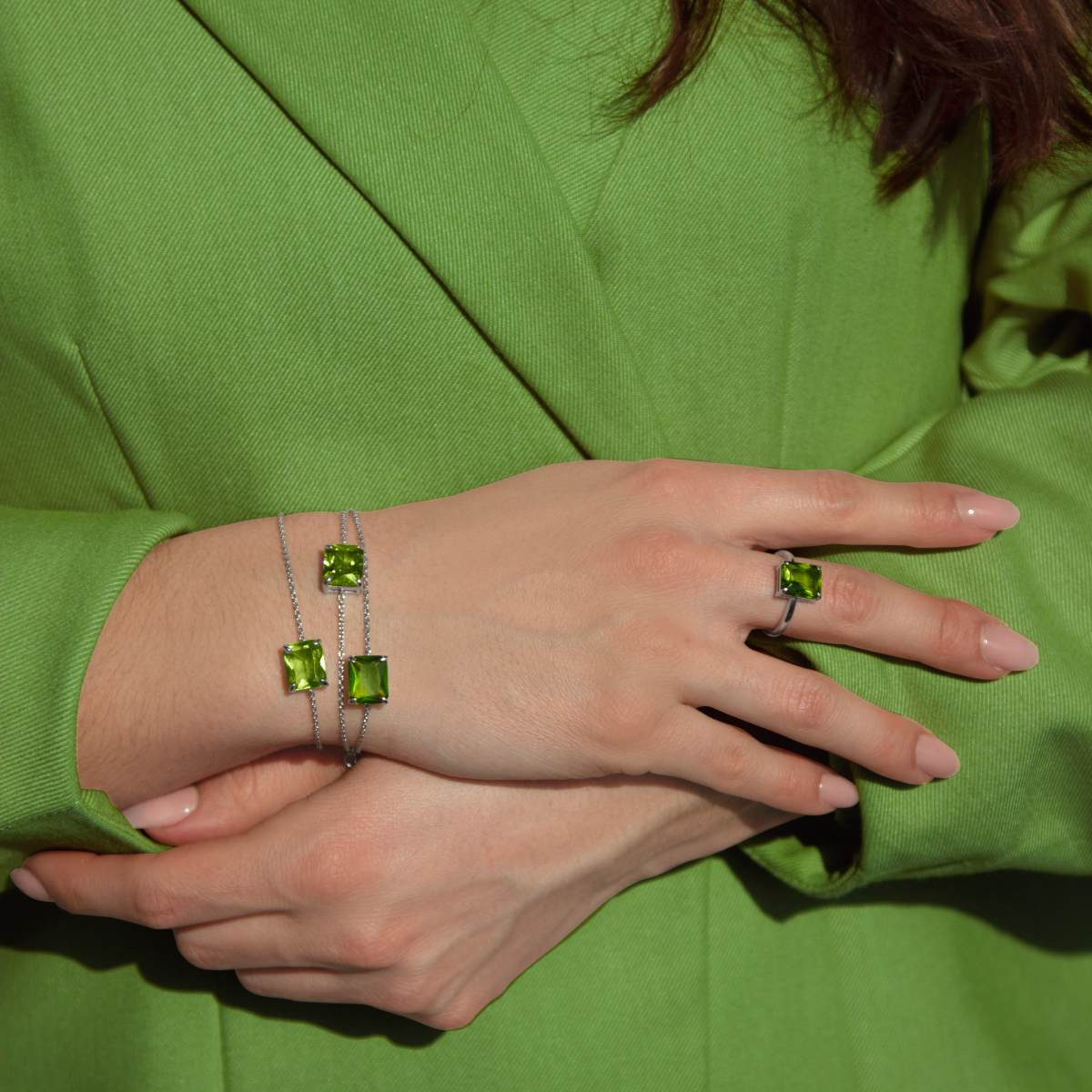 Bague argent 925 cristal vert - vue porté 2