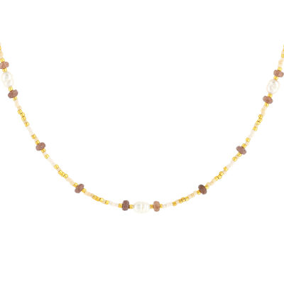 Collier acier jaune pierres naturelles et perles de culture de Chine 45,5cm
