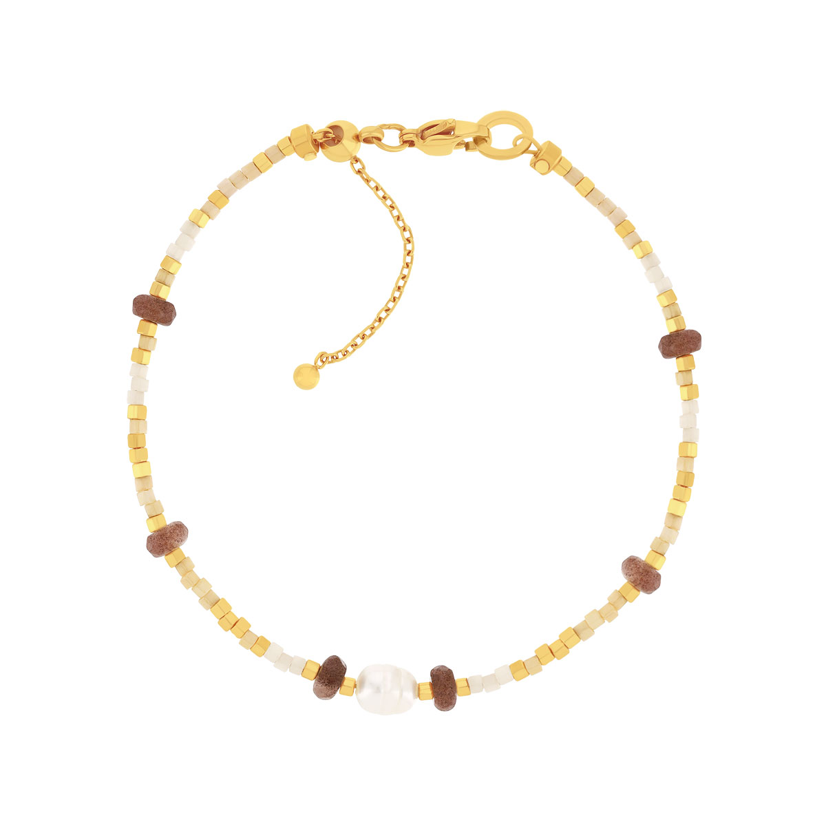 Bracelet acier jaune pierres naturelles et perle de culture de Chine 19cm
