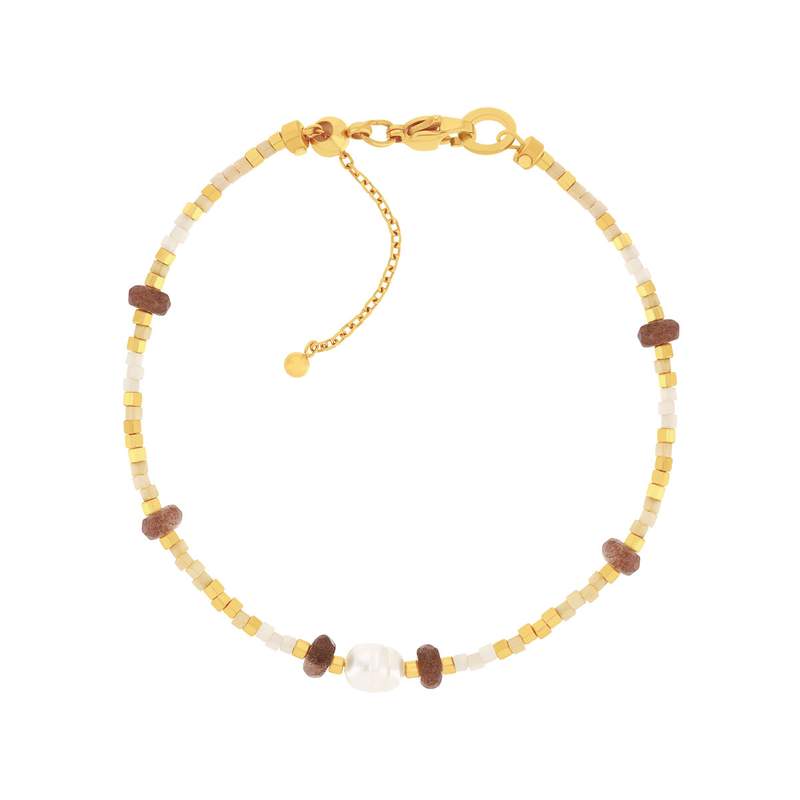 Bracelet acier jaune pierres naturelles et perle de culture de Chine 19cm - vue 1