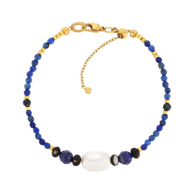 Bracelet acier jaune lapis lazulis et perle de culture de Chine 18cm - vue 1