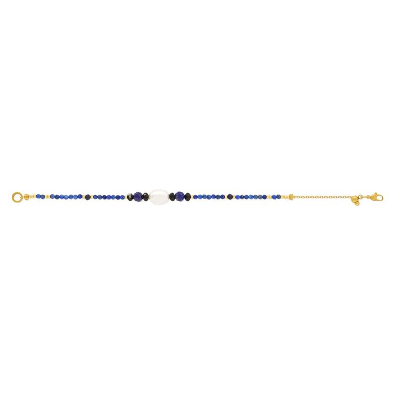 Bracelet acier jaune lapis lazulis et perle de culture de Chine 18cm - vue 2