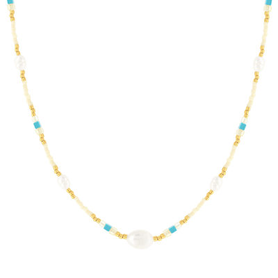 Collier acier jaune pierres naturelles et perles de culture de Chine 44,5cm
