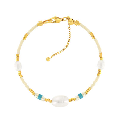 Bracelet acier jaune pierres naturelles et perles de culture de Chine 18cm