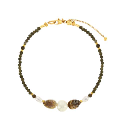 Bracelet acier jaune motifs feuilles pierres naturelles et perles de culture de Chine 18cm