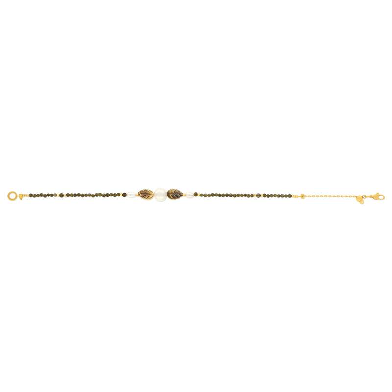 Bracelet acier jaune motifs feuilles pierres naturelles et perles de culture de Chine 18cm - vue 2