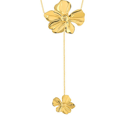 Collier en Y acier jaune motifs fleurs 55cm