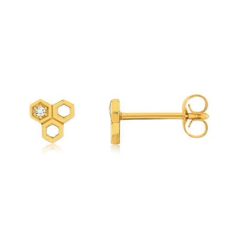 Boucles d'oreilles or 375 jaune zirconias motifs nids d'abeilles - vue 1