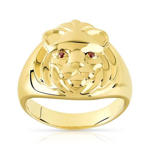 Chevalière plaqué or tête de lion zirconias rouges