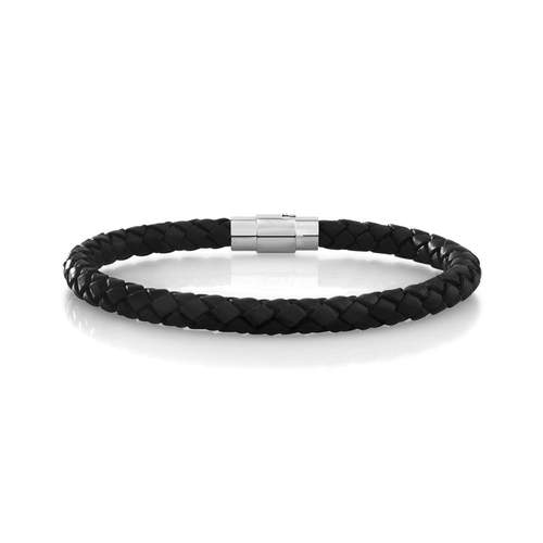 Bracelet acier et cuir noir tressé 21 cm