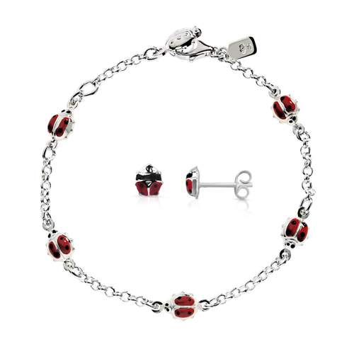 Parure bracelet 17 cm et boucles d'oreilles argent 925 coccinelles