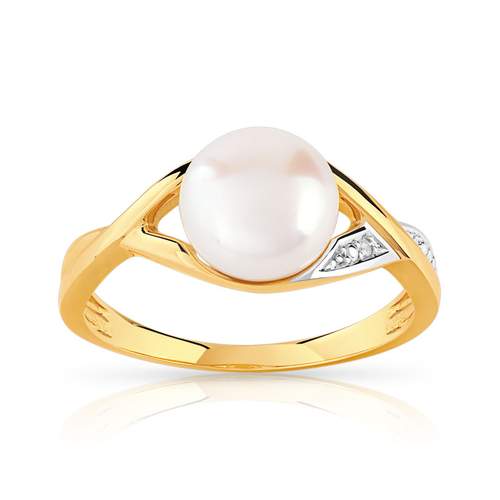 Bague or 375 2 tons perle de culture de Chine et diamants