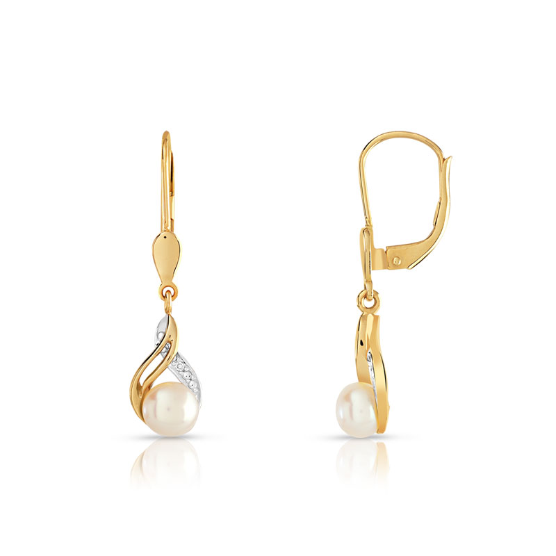 Boucles d'oreilles or 375 2 tons perle culture chine diamant - vue VD1
